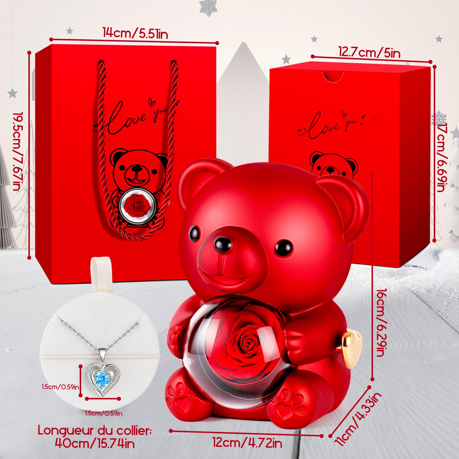 Ewige Rosen Bär Geschenkbox mit Blauer Halskette,Frauen Gesch | Rosen Teddybär für Frauen, Freundin Jahrestag, Geburtstag, Thanksgiving, Valentinstag, Weihnachten, Schulanfang