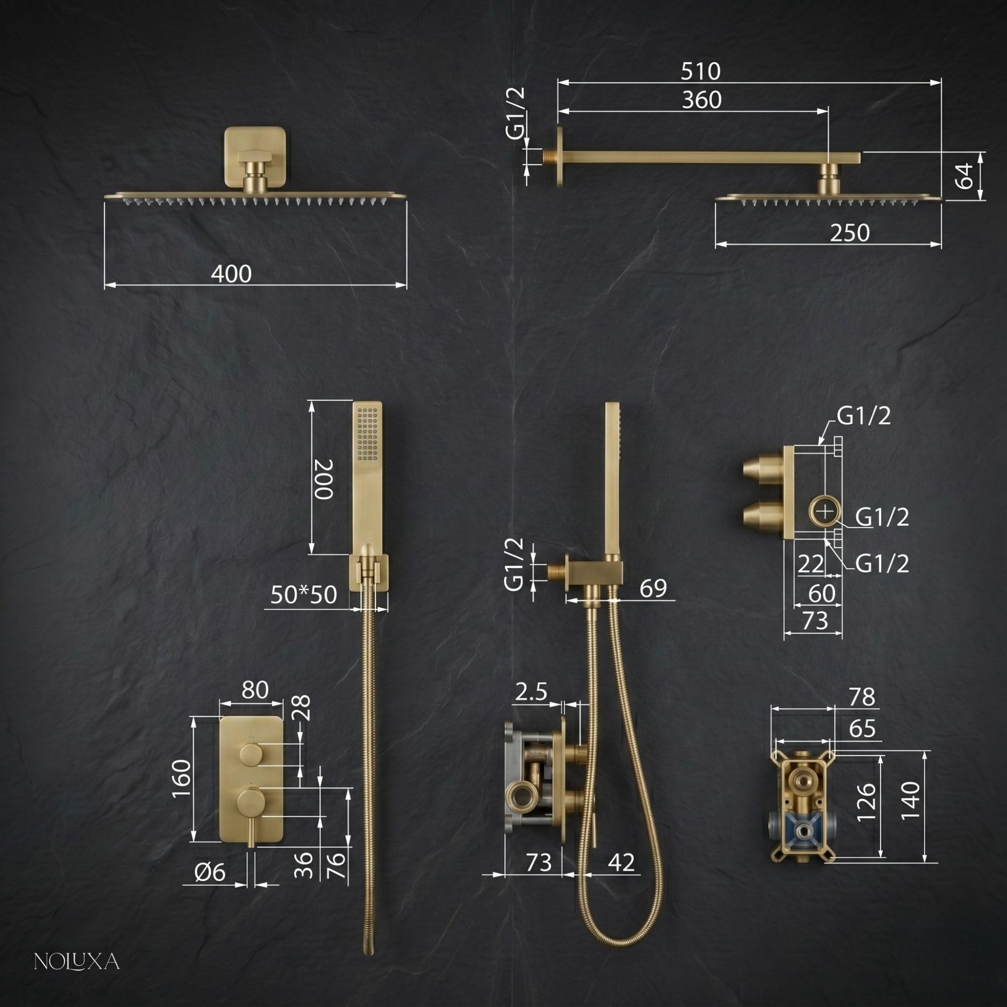 IMEX - Miscelatore Monocomando a Incasso Color Oro | Set di Rubinetteria a Incasso con Soffione e Getto a Pioggia Anticalcare | Colonna Doccia a Incasso con Rubinetto in Ottone e Acciaio Inox S.304