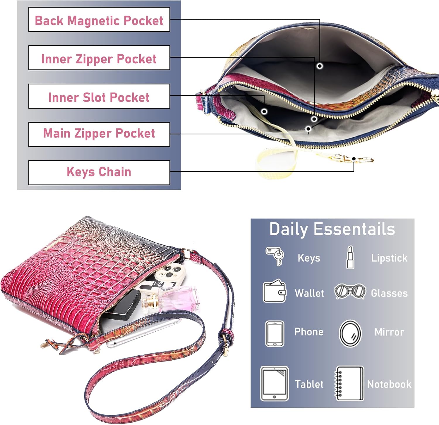 Shoulder Crocodile Flat Handbags for Women trendy Ladies Shoulder Bag Embossed Pattern Leather Crossbody Purse - Image 5