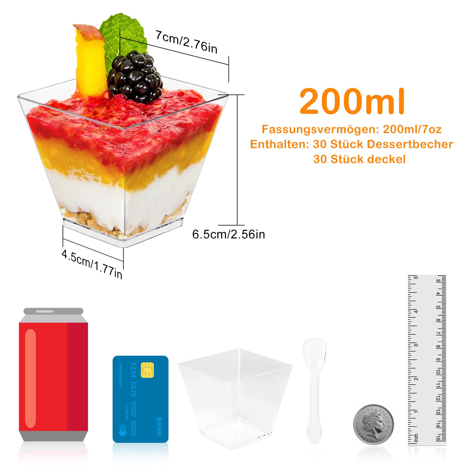 Set 50 Tazze Dessert Plastica Con Coperchi E Cucchiai - 8oz, Quadrate, Monoporzione Per Gelato, Mousse, Tiramisù