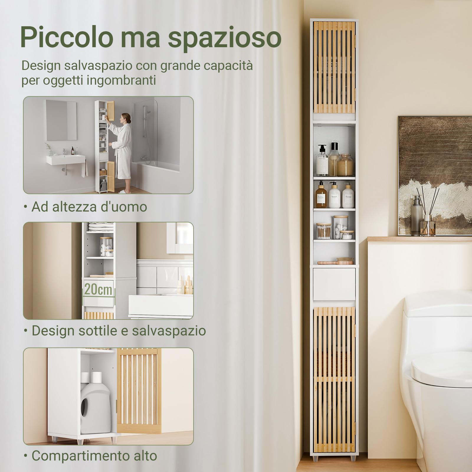 SoBuy Mobile Bagno Salvaspazio Colonna Armadietto Alto con 6 Ripiani Regolabili, Colonna Bagno con Ante in Bambù, Mobile Alto e Stretto per Piccoli Spazi, Bianco, 20x20x180cm, BZR34-BW