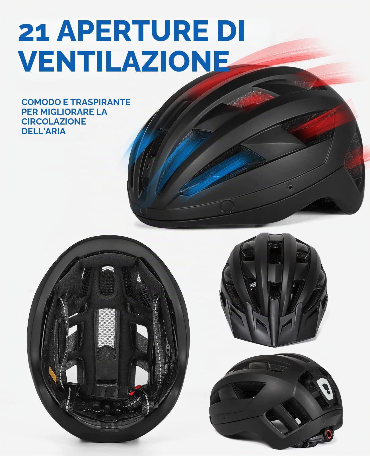 Casco da bici per adulti con visiera e occhiali, per uomo e donna, casco da bicicletta ricaricabile con luce posteriore (L: 57-61 cm, nero)