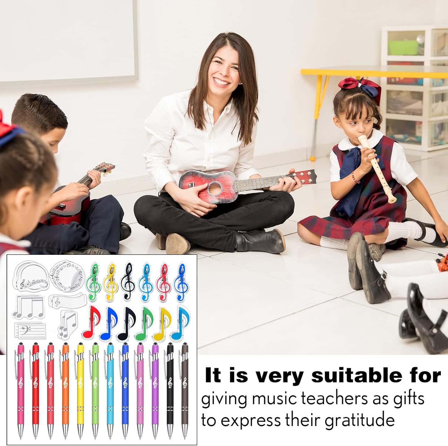 Sherr 36 Pcs Music Teacher Gifts Bulk Music Themed Adhesive Notes Note Pads Pens Capacitive Stylus Pens Paper Clip Holder for Rewards Marching Band School Supplies