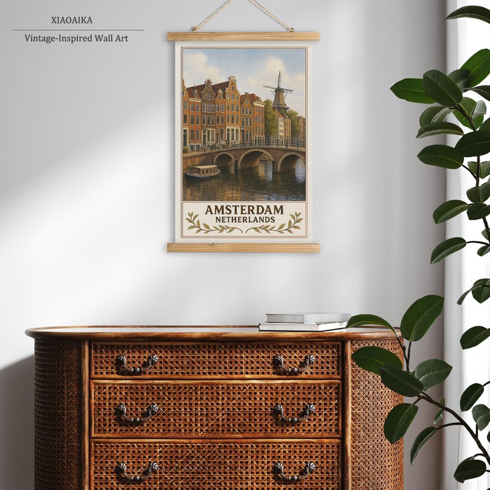 Amsterdam Netherlands Wall Art Poster, Vintage Travel Print of Canal Houses and Windmill, Linen Canvas Hanging Scroll with Wooden Frame, Rustic European City Decor for Bedroom Office, 16x23 Inch - Image 6