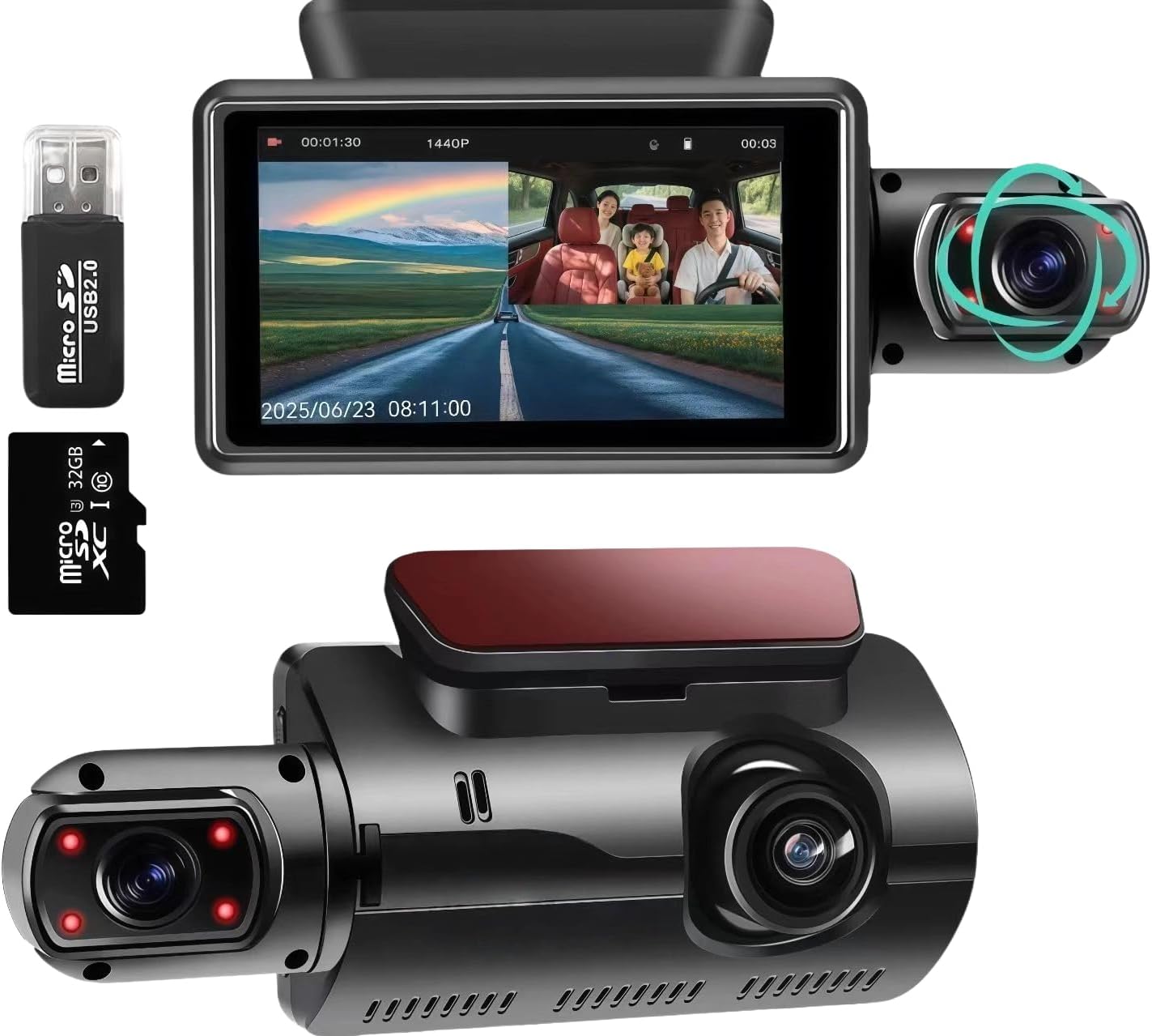 Dual Dash Cam 1440P Front and Inside Car Camera - Dash Camera for Cars with Dual Recording, G-Sensor, Night Vision, Loop Recording, 32GB SD Card Included
