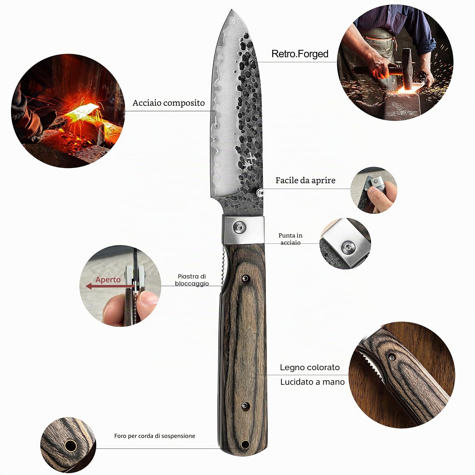 SENBON 440 Coltello da chef in acciaio inossidabile forgiato, affilato, giapponese stile camping pieghevole, tascabile, da viaggio, per frutta con manico in legno colorato