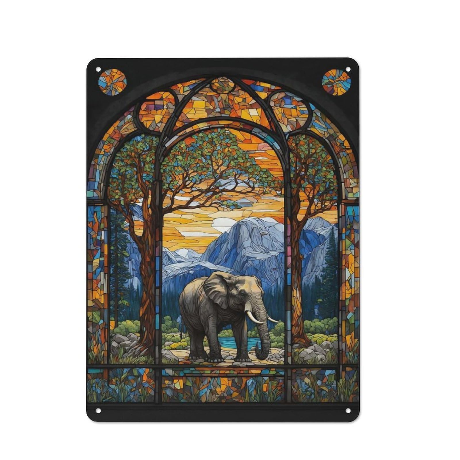 Junmoney Elephant Stained Glass 2 40X30cm Rustic Tin Sign With For Studio Or Craft Room, Tin Sign Wall Decor For Studios And Craft Rooms