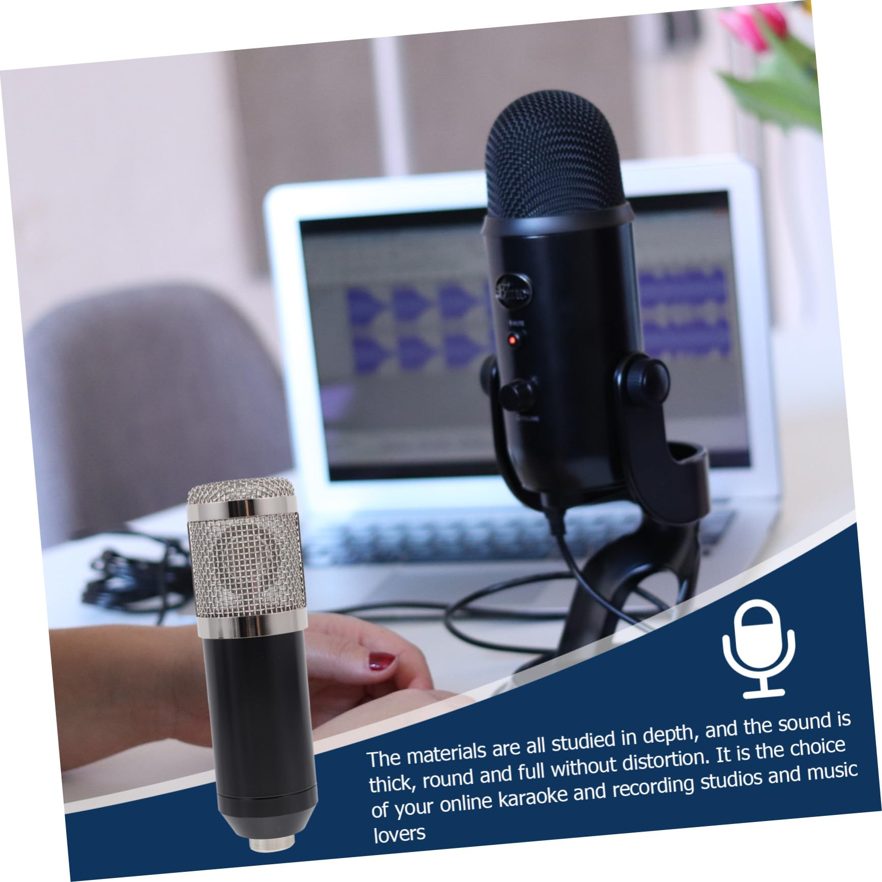 Kit Microfono Condensatore con Alimentazione Microfono Multiuso Leggero e Durevole per Streaming Chat e Registrazione Set Completo Nero con Rete Argento