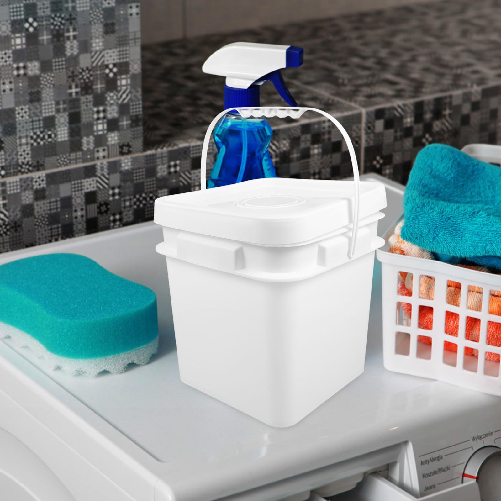 HANABASS Secchio per Pulizie 10l in Plastica Bianco Coperchio Ermetico e Manico, Contenitore per Detersivi Lavanderia Riutilizzabile per Uso Domestico