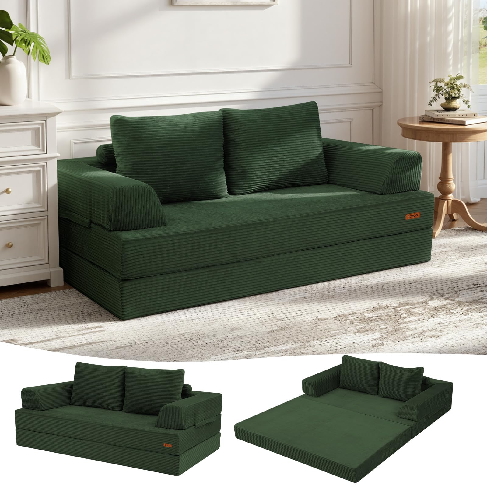 Cómodo sofá de dos plazas MeMoreCool convertible en cama plegable de pana para visitas sin espacio