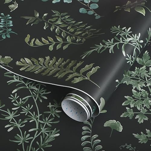 Miniatura 4 de Hopepak Papel tapiz autoadhesivo de hojas de musgo de 16.1 x 118 pulgadas, papel de contacto autoadhesivo con diseño floral oscuro, hojas verdes
