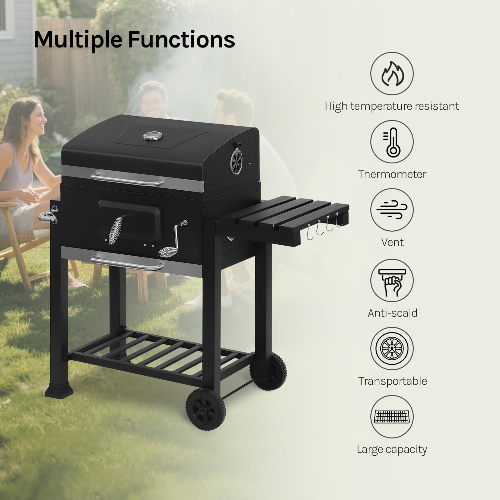WOLTU grill na węgiel drzewny z pokrywą, duża powierzchnia grilla, regulowana taca na węgiel, grill typu smoker, BBQ z rusztem grillowym, termometrem, wózek grillowy do kempingu, 117 x 107 x 71 cm