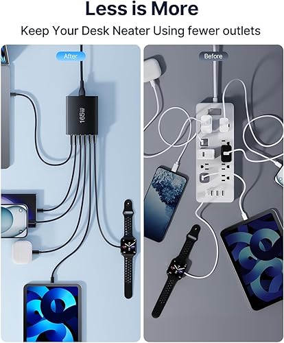 Miniatura 6 de Bloque de cargador USB C, 165W GaN 6 puertos USB C estación de carga rápida Hub bloque cargador de pared adaptador de enchufe cubo para iPad iPhone