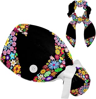 2 Pieces Surgical Cap for Long Hair Scrub Cap with Hairband Nurse Cap, Flower Floral Pattern Peace and Love Symbol