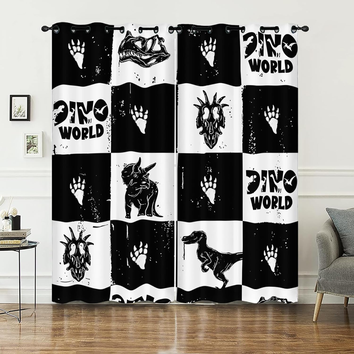 AILONEN Cartoon Dinosaur Window Curtain - Black and White Window Drapes for Kids Teens - 2 Panels Set Graffiti Dino Skeleton Printed Jungle Animal Grommet Curtain, 42" W x 90" H