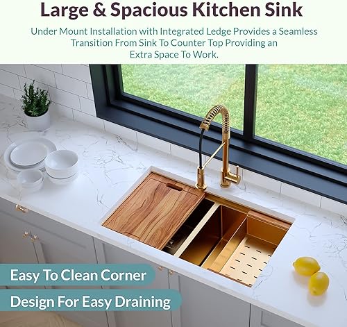 Miniatura 2 de Strictly Sinks - Fregadero de cocina con estación de trabajo de montaje inferior de 32 pulgadas, fregadero de cocina dorado de calibre 16 con