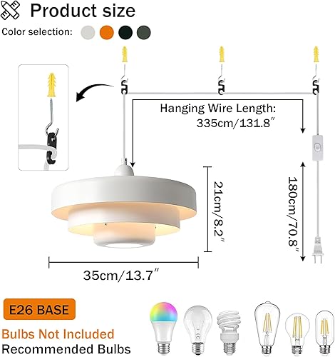 Miniatura 5 de Lámpara colgante con enchufe blanco, lámpara colgante moderna de mediados de siglo, lámpara colgante de estilo nórdico, iluminación colgante de
