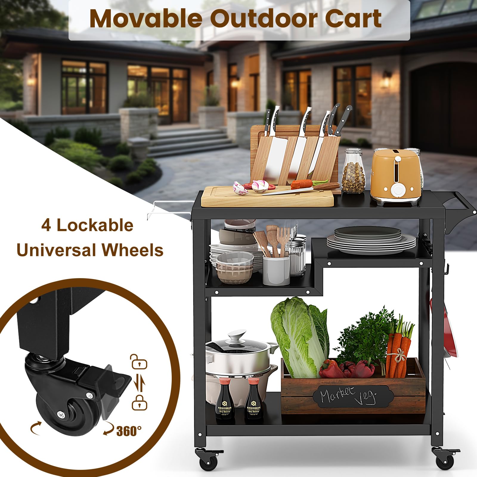 KOMFOTTEU Chariot pour Barbecue avec 4 Étagères, Desserte de Jardin avec Porte-Serviettes, Crochets et Étagère à Épices, roulettes verrouillables, Desserte d’Extérieur, 111 x 50,5 x 93 cm, Noir