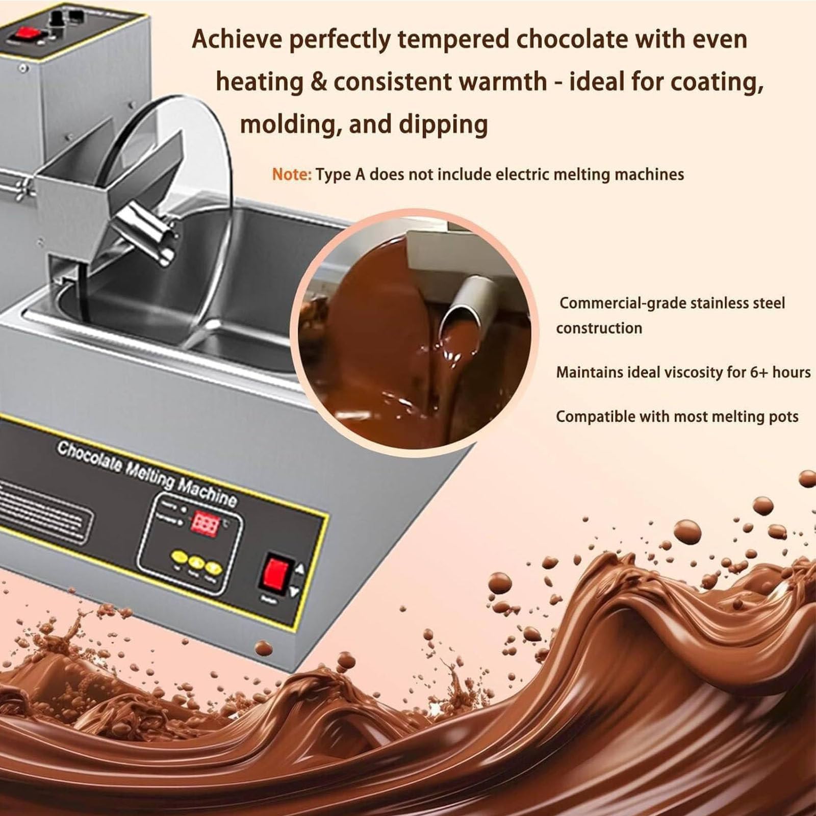 Temperatrice per cioccolato, fusore elettrico in acciaio inox per uso commerciale da tavolo, velocità regolabile, perfetto per cioccolato, burro, crema, ideale per panetterie e bar