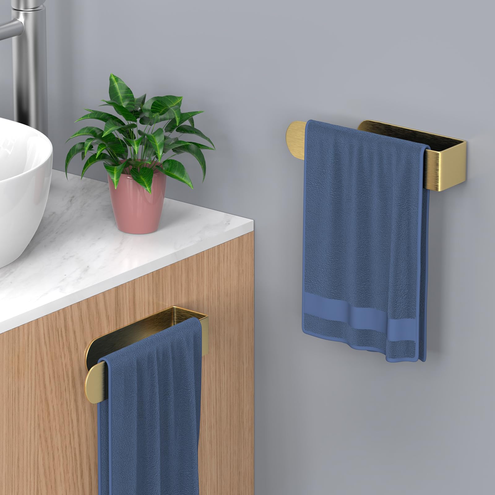 HUFEEOH Soporte adhesivo para toallas de mano, soporte para toallas de cocina, toallero de pared, soporte de toalla de baño de acero inoxidable para baño, hotel, cocina (dorado, 8 pulgadas (2 piezas)