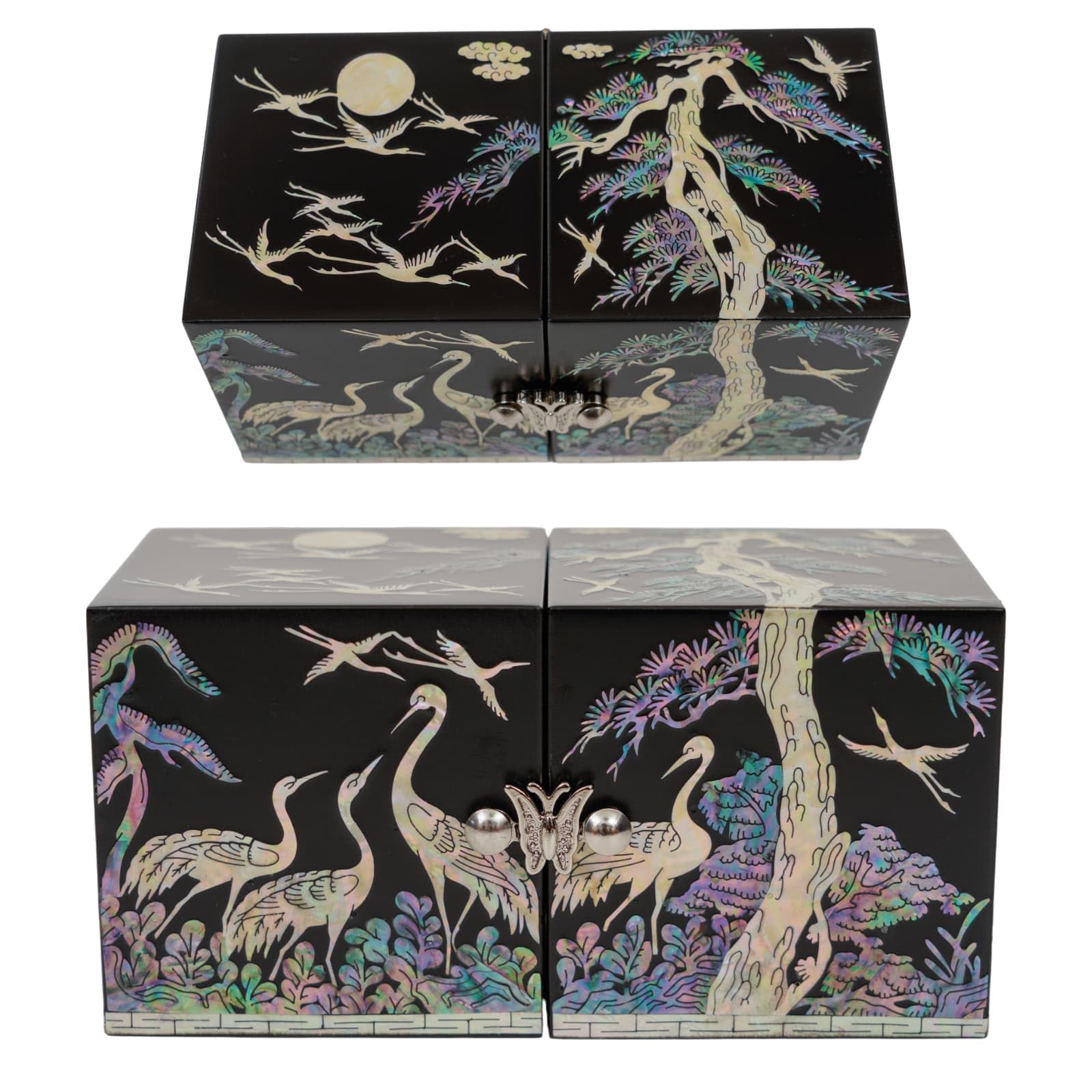 February Mountain Scatola a cubo in madreperla coreana, realizzata a mano, in legno, con chiusura a farfalla, design con gru o farfalla, scatola regalo di lusso per conservare i ricordi
