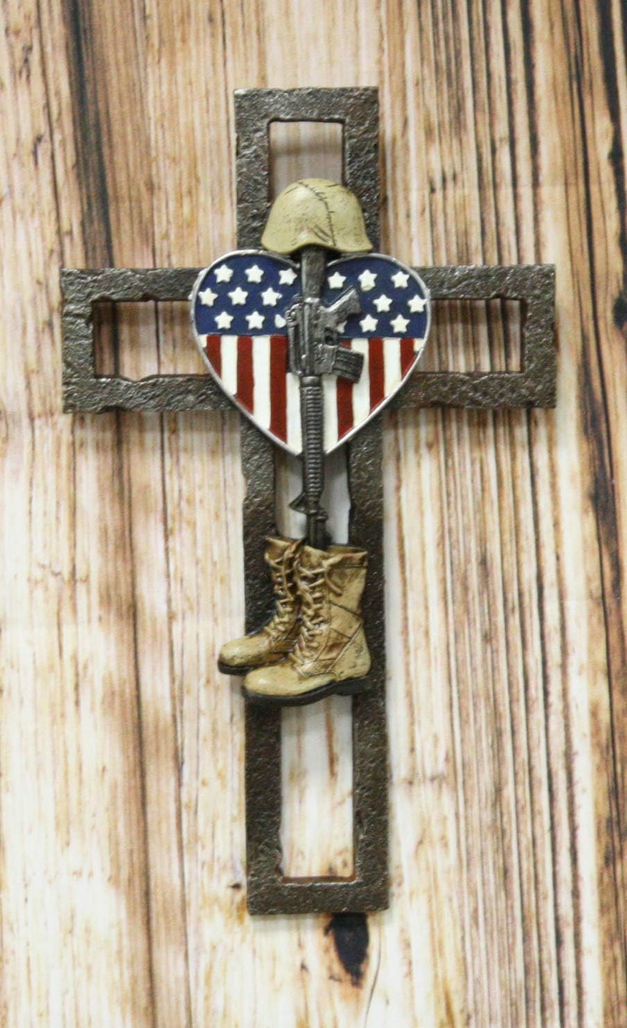 Ebros Gift Rustic Western USA Flag Military Patriotic Fallen Soldier Memorial Wall Cross Decor Plaque Vintage Design Hanging Sculpture 11.75" High Catholic Christian Accent Decorative Crosses