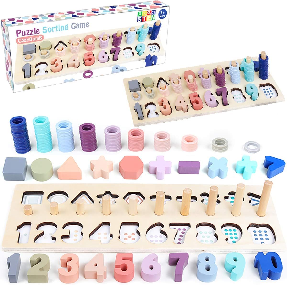 CozyBomBโข Educational Montessori Toys for 1 Year Old Toddlers - Wooden Puzzles Blocks Number Stacking Preschool Learning Activities Shape sorter Math Game Counters Baby Kids Ages 3 4 5 Years Old