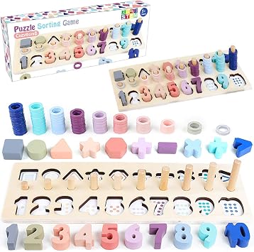 CozyBomBTM Educational Montessori Toys for 1 Year Old Toddlers - Wooden Puzzles Blocks Number Stacking Preschool Learning Activities Shape sorter Math Game Counters Baby Kids Ages 3 4 5 Years Old