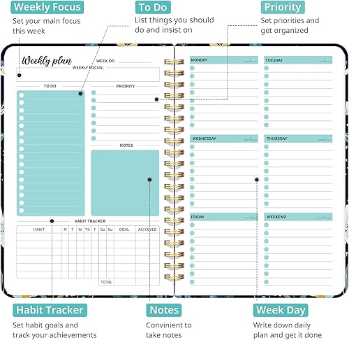 Miniatura 9 de Agenda semanal sin fecha, cuaderno semanal de lista de tareas con organizador de objetivos y hábitos, agenda semanal A5 con encuadernación en