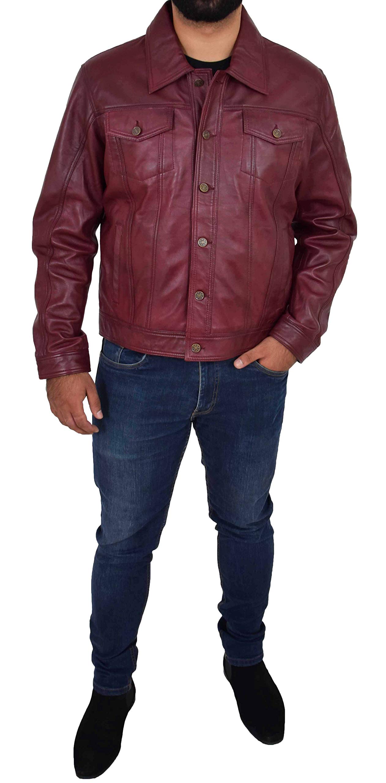 Chaqueta de camionero de cuero suave para hombre, abrigo estilo vaquero occidental americano, color burdeos