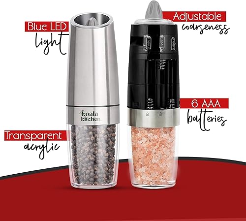 Miniatura 2 de Gravity - Juego de molinillo eléctrico de sal y pimienta, salero y pimentero de acero inoxidable, grosor ajustable, molinillos de sal y pimienta de