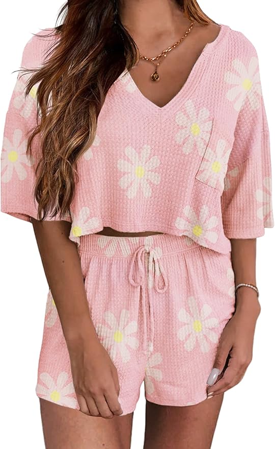 Ekouaer Women Pajama Sets Waffle Knit Lounge Sets Short Sleeves Crop Top 2 Piece Pj Shorts Set