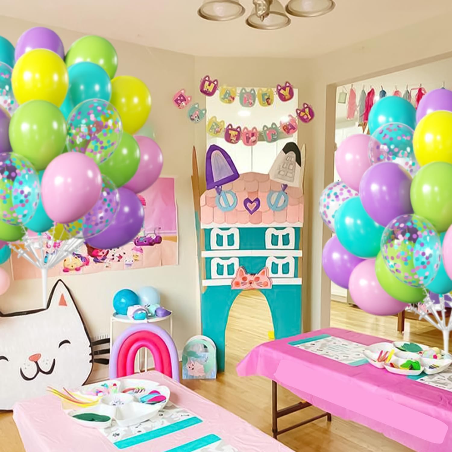 Pink Purple Blue Balloons, 60pcs 12 Inches Pink Teal Green Yellow Confetti Balloons for Gabby Magic Doll House Birthday Decorations for Peppa Cartoon Pig Birthday Decorations Baby Shower Supplies image 6 of 8 B0D69CYL7Y