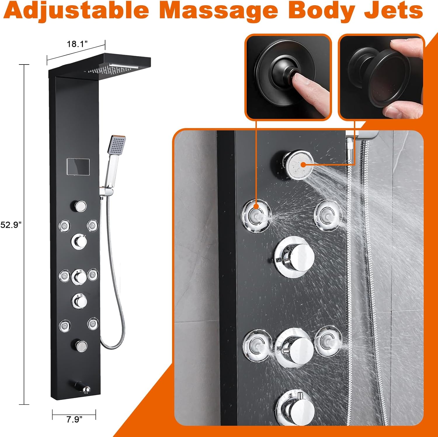 Rainfall Shower Tower System, 304 Stainless Steel Matte Black with Handheld Massage Body Jets, LCD Temperature Display Wall-Mounted All-in-One Bathroom Spa Upgrade (12"x8"x47")