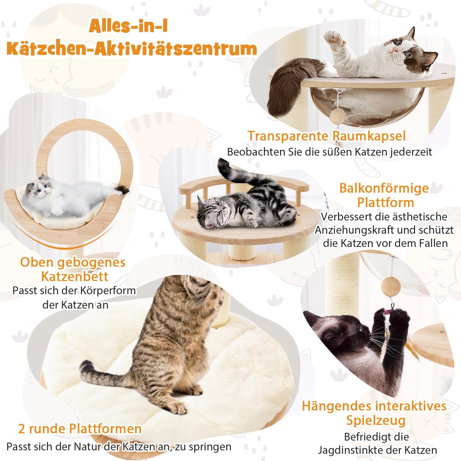 COSTWAY Krabpaal, klein, 4-in-1, krabpaal met zachte zitting & basis & bontballetjes en een touw van sisal, kattenkrabpaal van hout, kattenmeubel, klimboom, activiteitsboom, speelboom, beige
