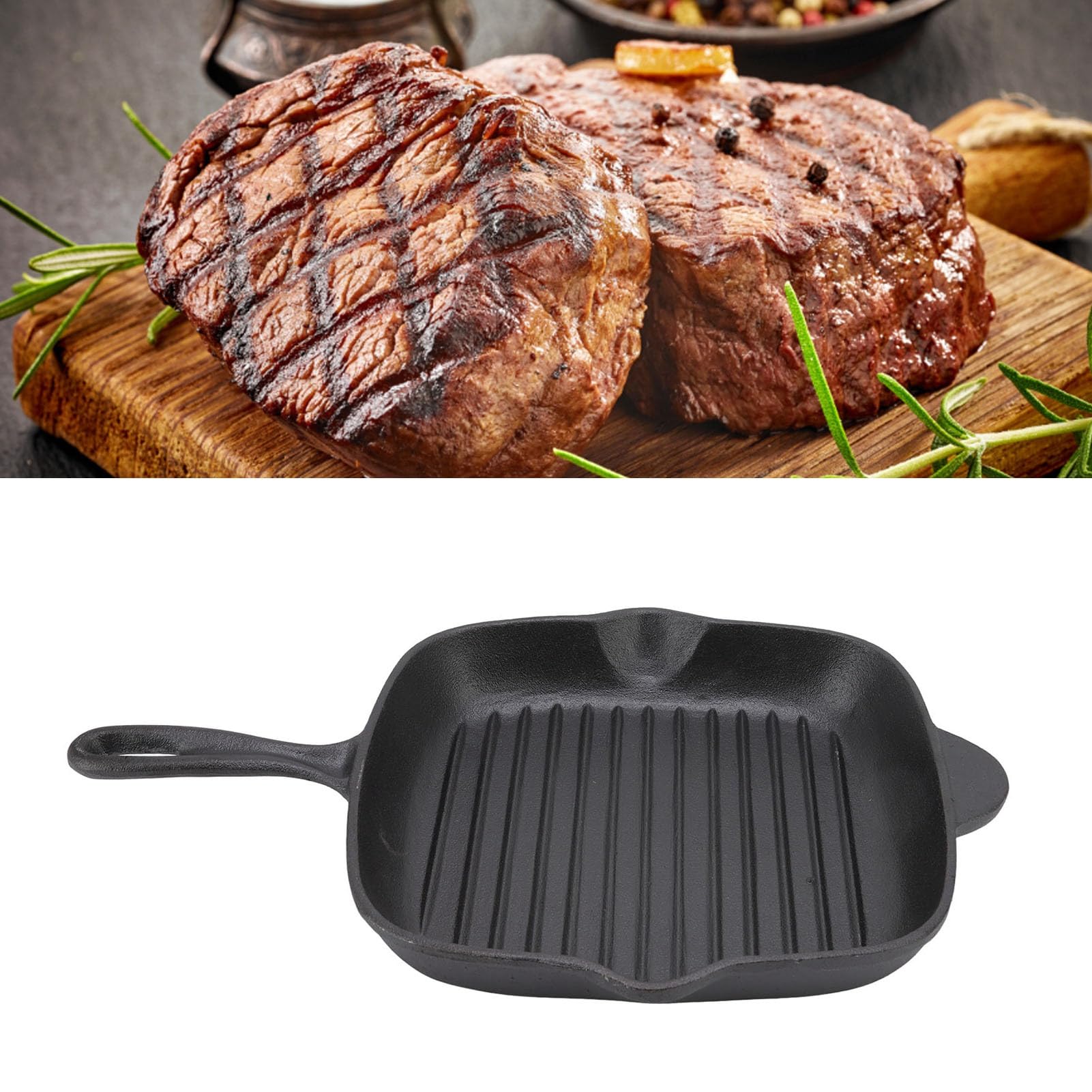 Generic Żeliwna Patelnia z Grillem Pasiastka Patelnia Kwadratowa Stekowa Czworonożna dla Wołowiny, Grillowanie (28CM)
