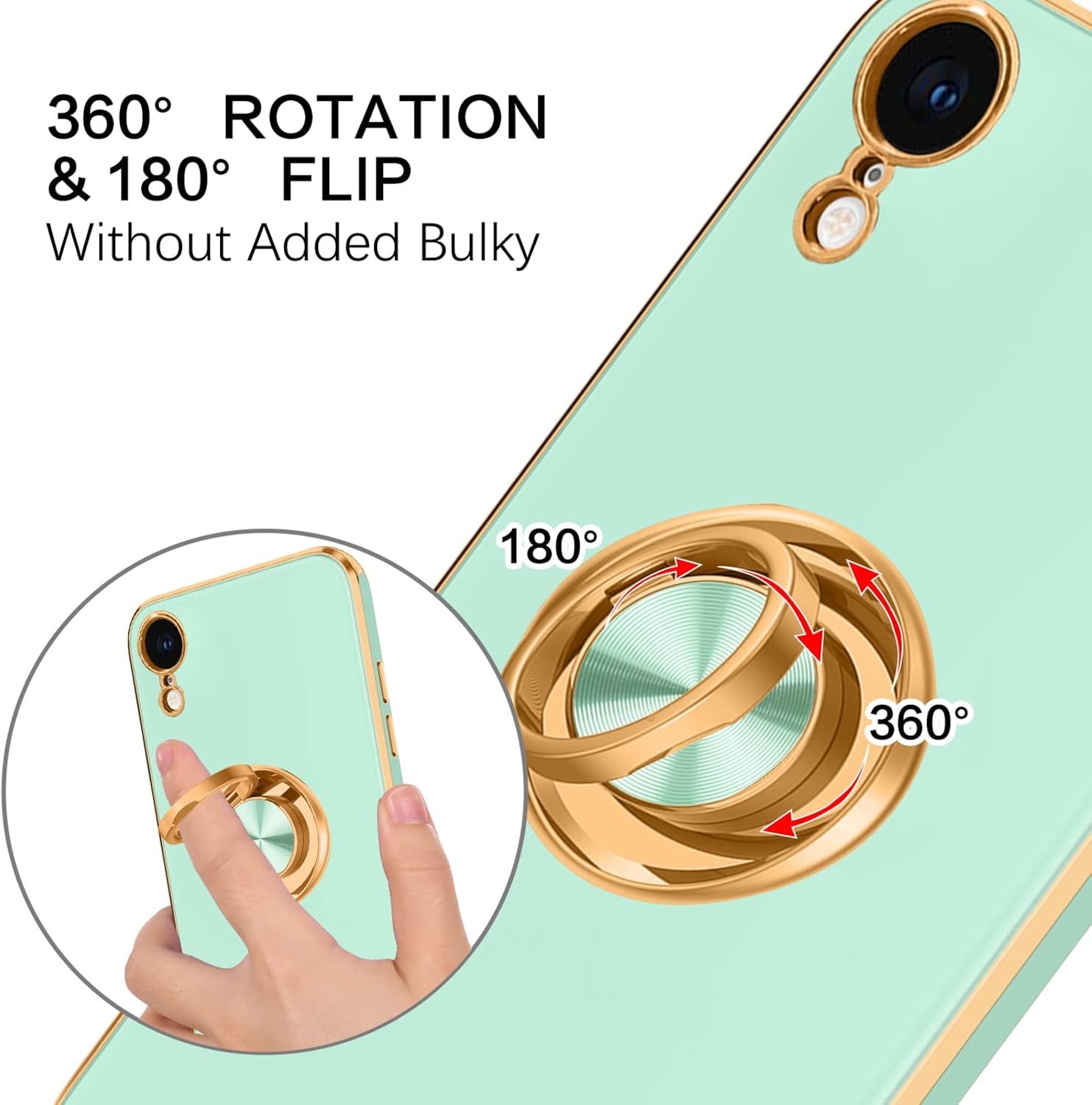 BENTOBEN iPhone XR Case, Phone Case iPhone XR, Slim Fit Sparkly Kickstand Ring Holder Design Shockproof Protection Soft TPU Bumper Drop Protective Girls Women Boys iPhone XR 6.1" Cover,Mint Green/Gold