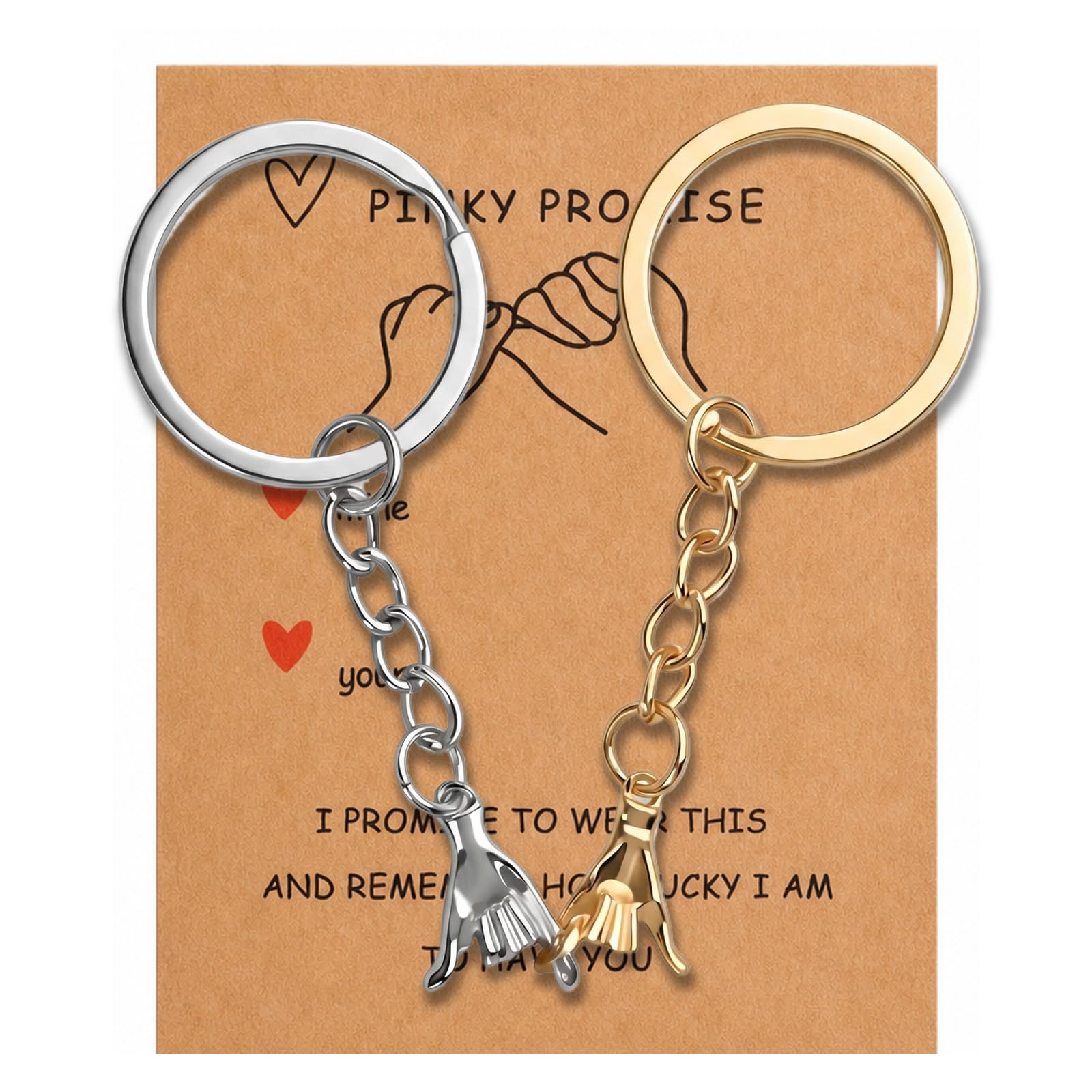 Solvio Unisex Gold + Silver Pinky Promise Keychains Set Of 2, Gold & Silver Couple Keyrings For Boyfriend Girlfriend, Sentimental Gifts With Card For Best Friends & Long Distance Relationships