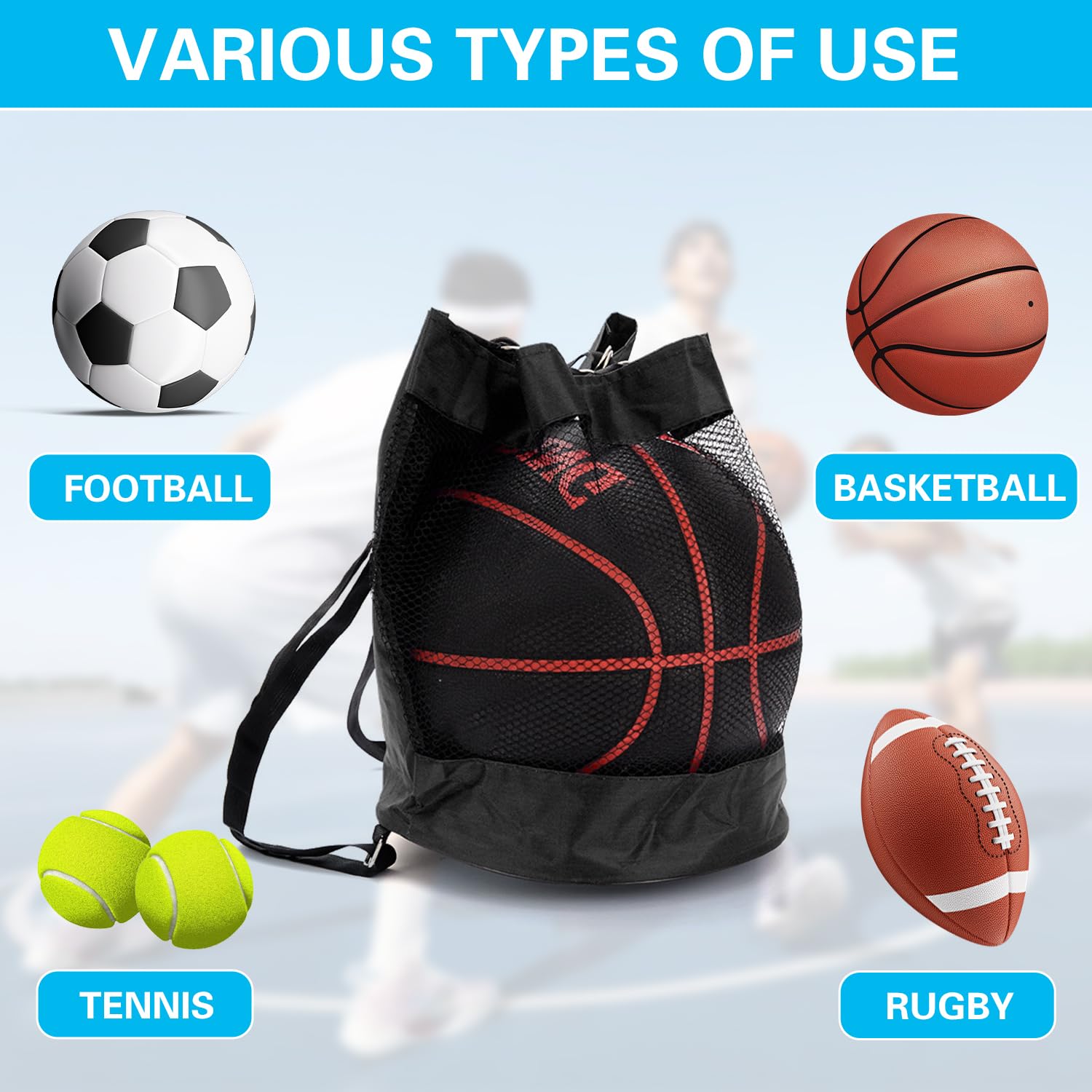 2 Pièces Sacs à Balles, Sacs Basketball, Sac à Ballon en Maille Oxford, Sac Ballon de Basket, Filet Pliable avec Poche Zippée et Mousqueton pour Basketball, Football, Volley (Adolescents & Adultes)