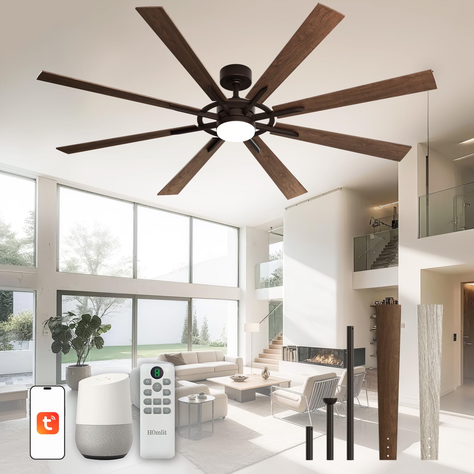 72 inch smart ceiling fan with light and remote, walnut ceiling fan with quiet reversible dc motor, control via wifi alexa app, 3cct dimmable large indoor/outdoor ceiling fans for patio garage