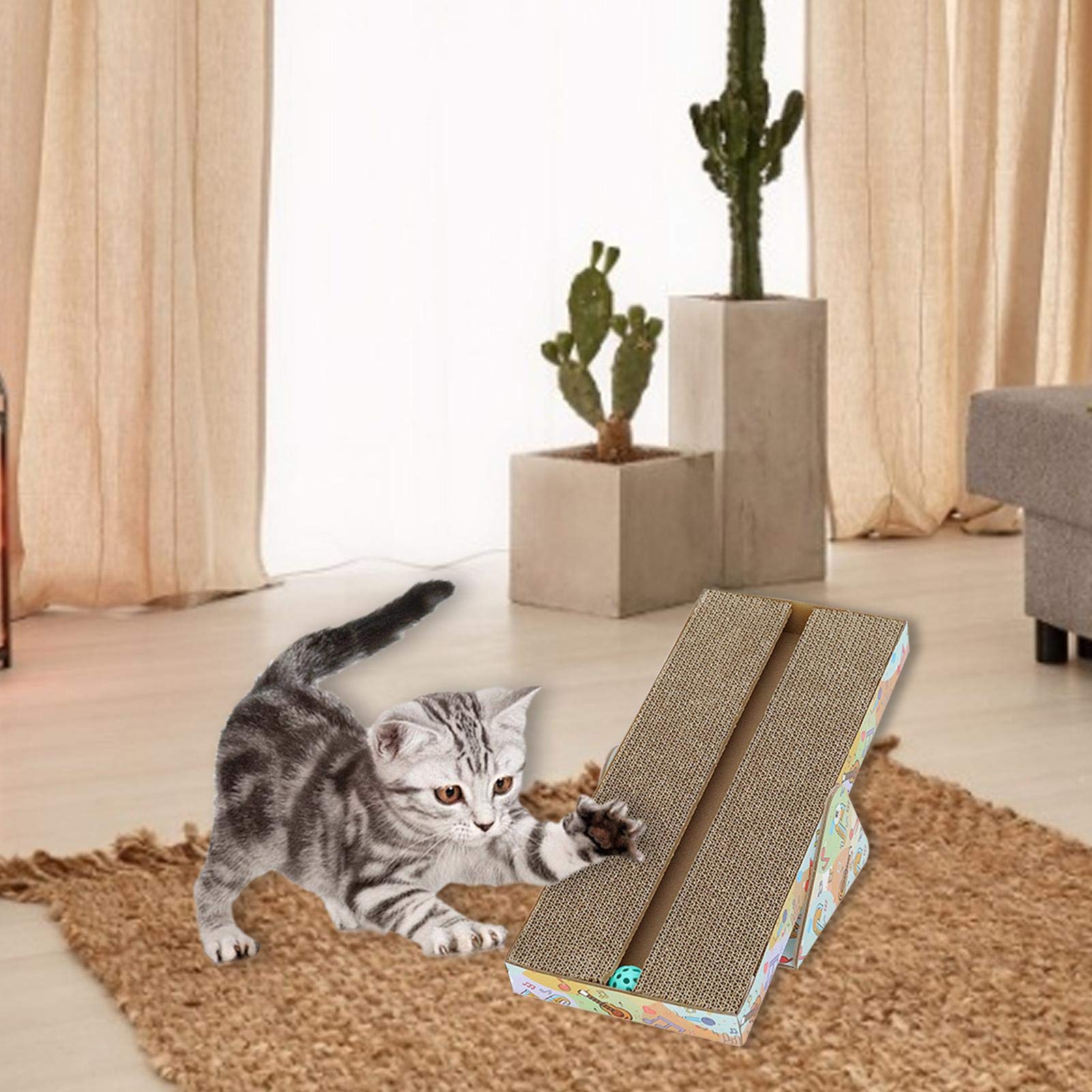 Katzenkratzer Pappe, Wippe Neigung Katze Kratzpad, montierbare Kratzpads Scratch Lounge Bett mit Glocke, 2-in-1 Wellpappe Kratzbrett für Katzen Schlafen und Spielen