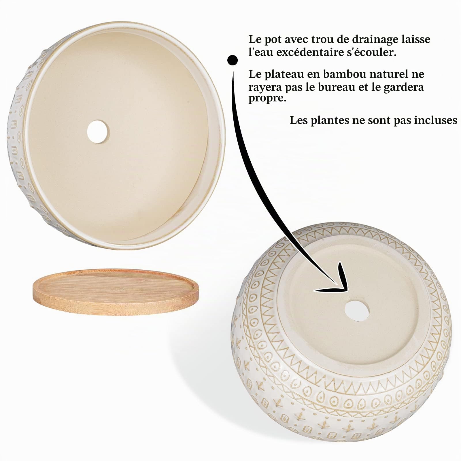 Pot de Fleurs Rond et Peu Profond en céramique avec Trou de Drainage pour Plantes d'intérieur - 20,5 cm - avec Plateau en Bambou - Blanc