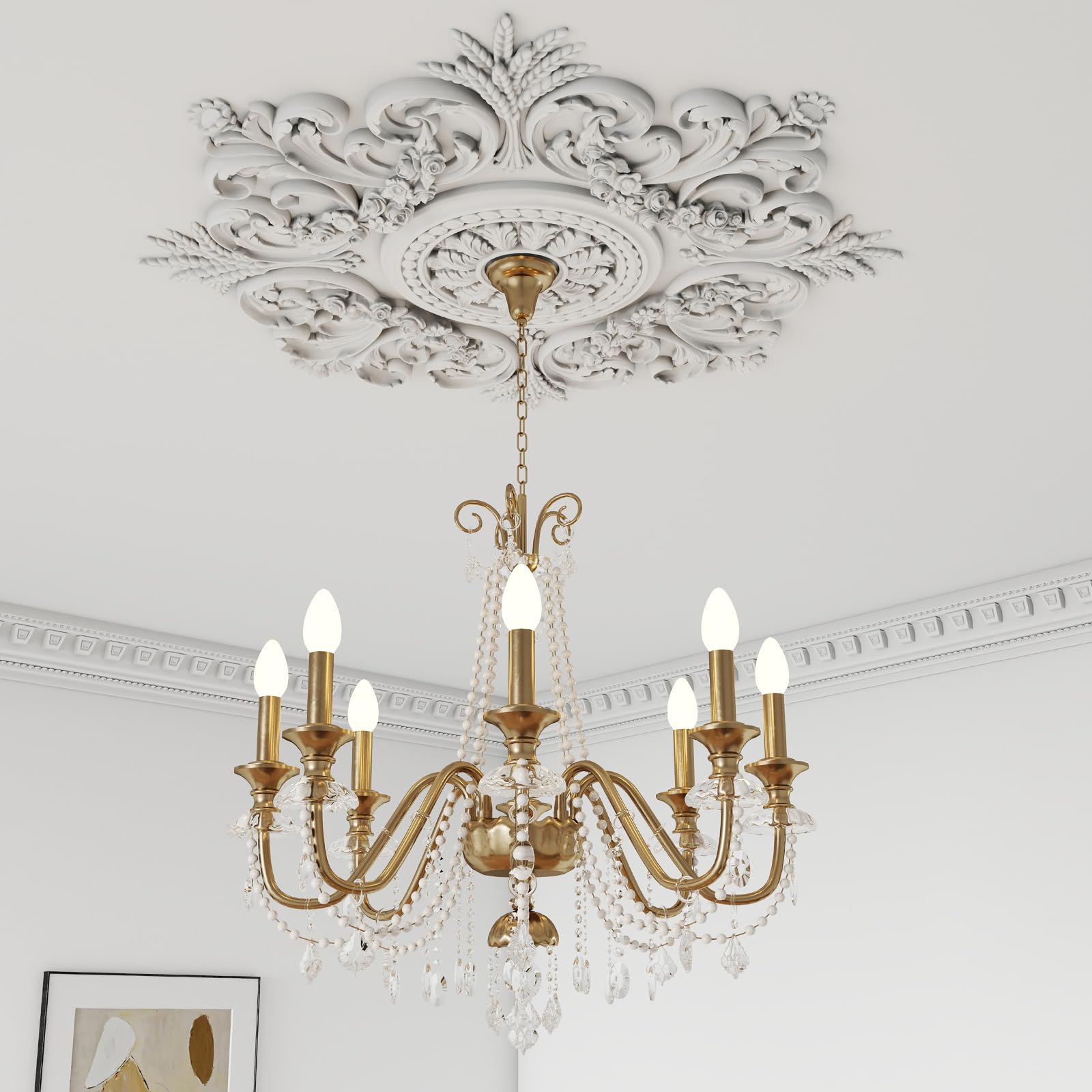 Ceiling Medallion Panel, Pu Decorative Light Fixture Base, European Style Molding Trim, Reusable Material For Canopy Lighting Wall Wood Home Bedroom Living Room Accent