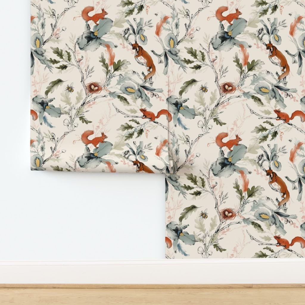 Peel & Stick Wallpaper 3ft x 2ft - Woods Squirrel Branch Mushroom Bee English Garden Forest Rustic Cabin Watercolor Botanical Custom Removable Wallpaper by Spoonflower