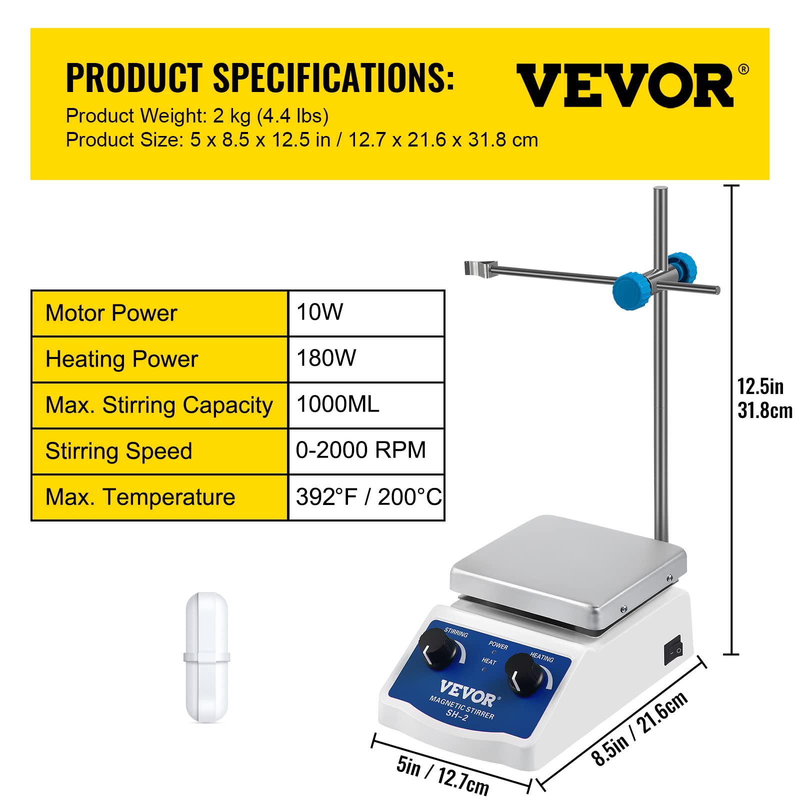 VEVOR Mieszadło magnetyczne, mieszadło magnetyczne 100-2000 obr./min, SH-2 z płytą grzewczą, regulowana prędkość i temperatura, do laboratorium, mieszadła i uchwytu w zestawie