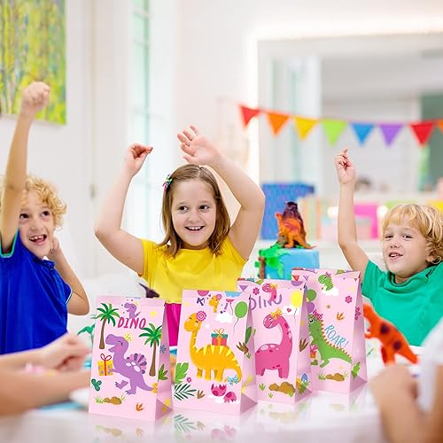 Miniatura 6 de Pajean 24 bolsas de fiesta de dinosaurios, bolsas de recuerdo de caramelos de dinosaurio con calcomanías, bolsas de regalo rosadas para niños y