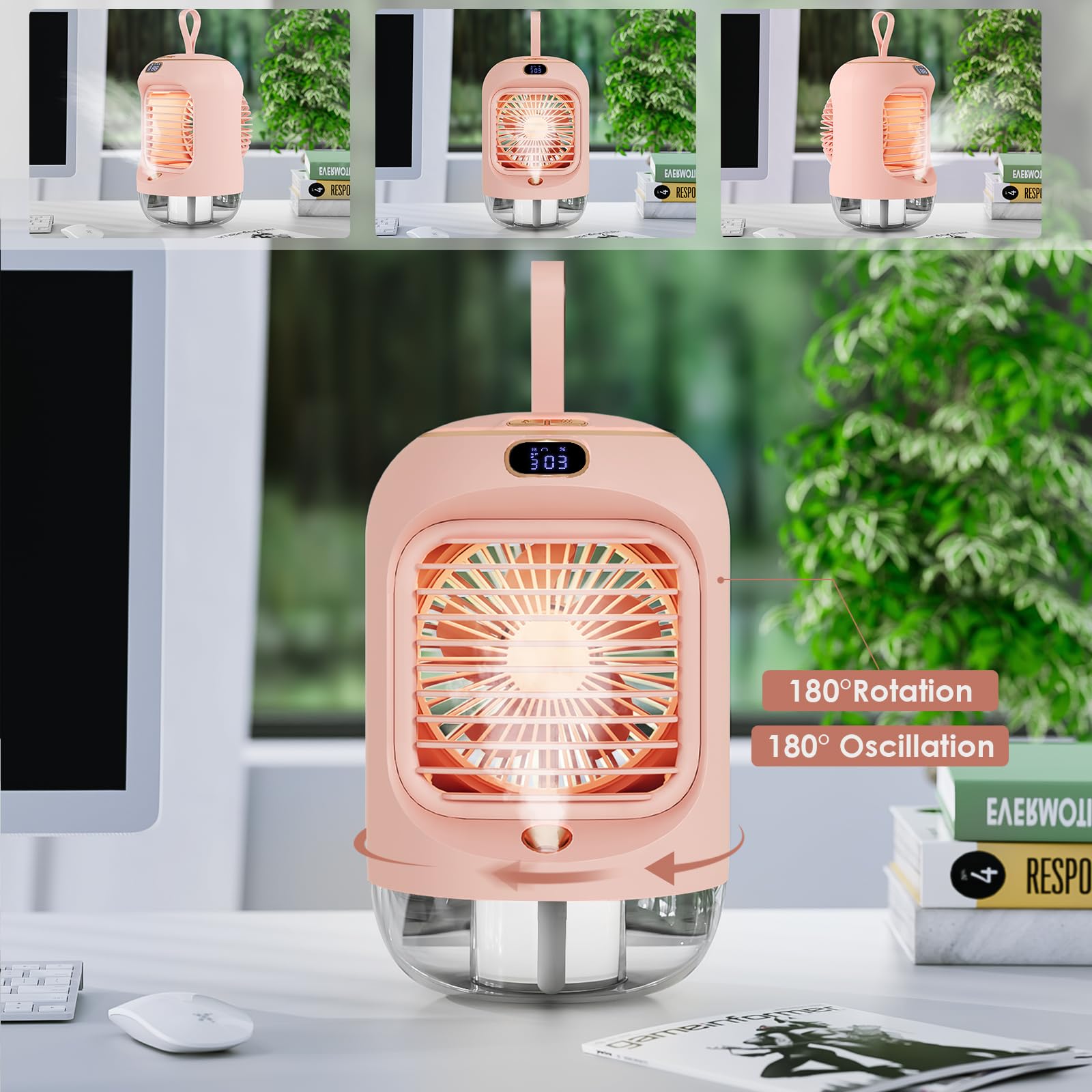 Obrotowy przenośny klimatyzator, mini wielofunkcyjny klimatyzator USB, z 3 prędkościami, lampka nocna, oscylacja 180°, przenośna, osobista chłodziarka powietrza do pokoju, biura (Vine 11)