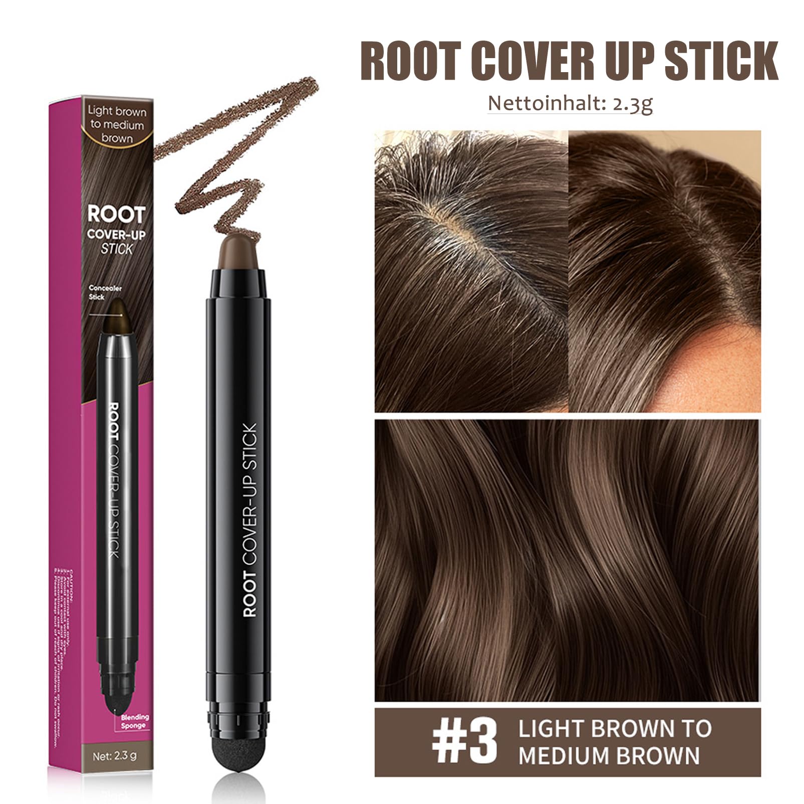 Root Cover Up Stick 2 w 1, natychmiastowe pokrycie siwych włosów, kolor brązowy, korektor do linii włosów, wodoodporna farba do włosów, korzenie i boki, łatwe zastosowanie