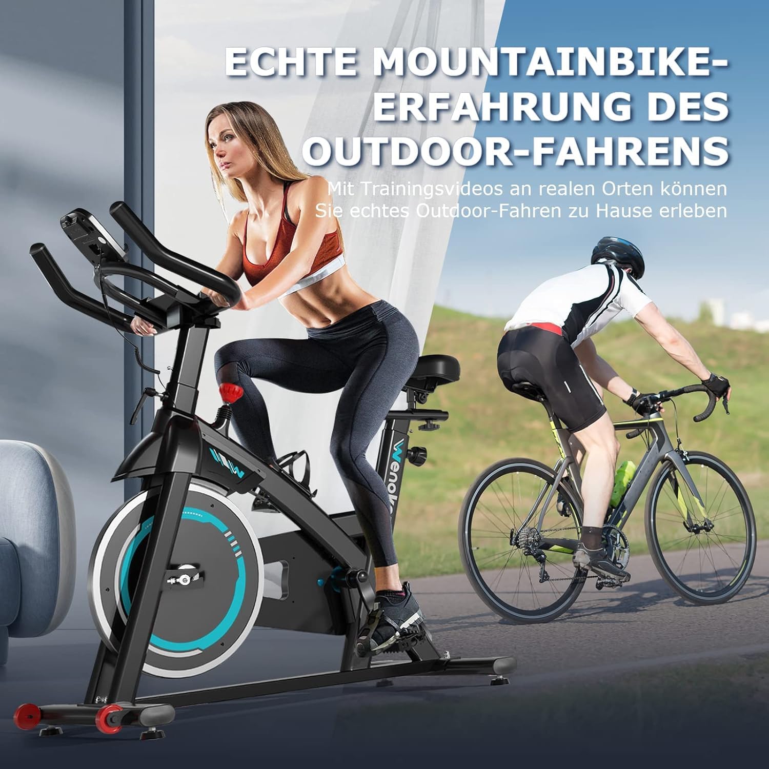 Wenoker Heimtrainer Fahrrad, Leises Hometrainer Ergometer mit LCD-Monitor, Hometrainer Fahrrad mit Tablet-Halter, Spinning Bike Indoor für Kardio-Training zu Hause, Bis 140KG