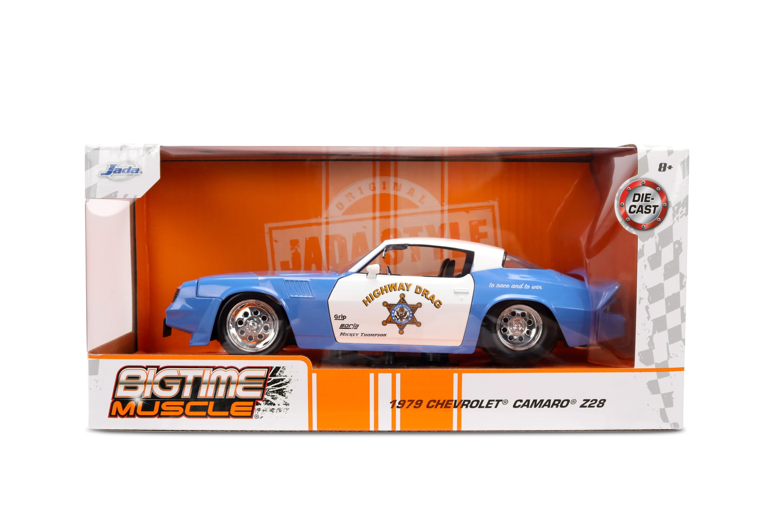 Jada Toys Bigtime Muscle 1:24 1970 Chevrolet Camaro Die-Cast Car - otwierane drzwi, maska, bagażnik, gumowe opony (niebieski/biały)